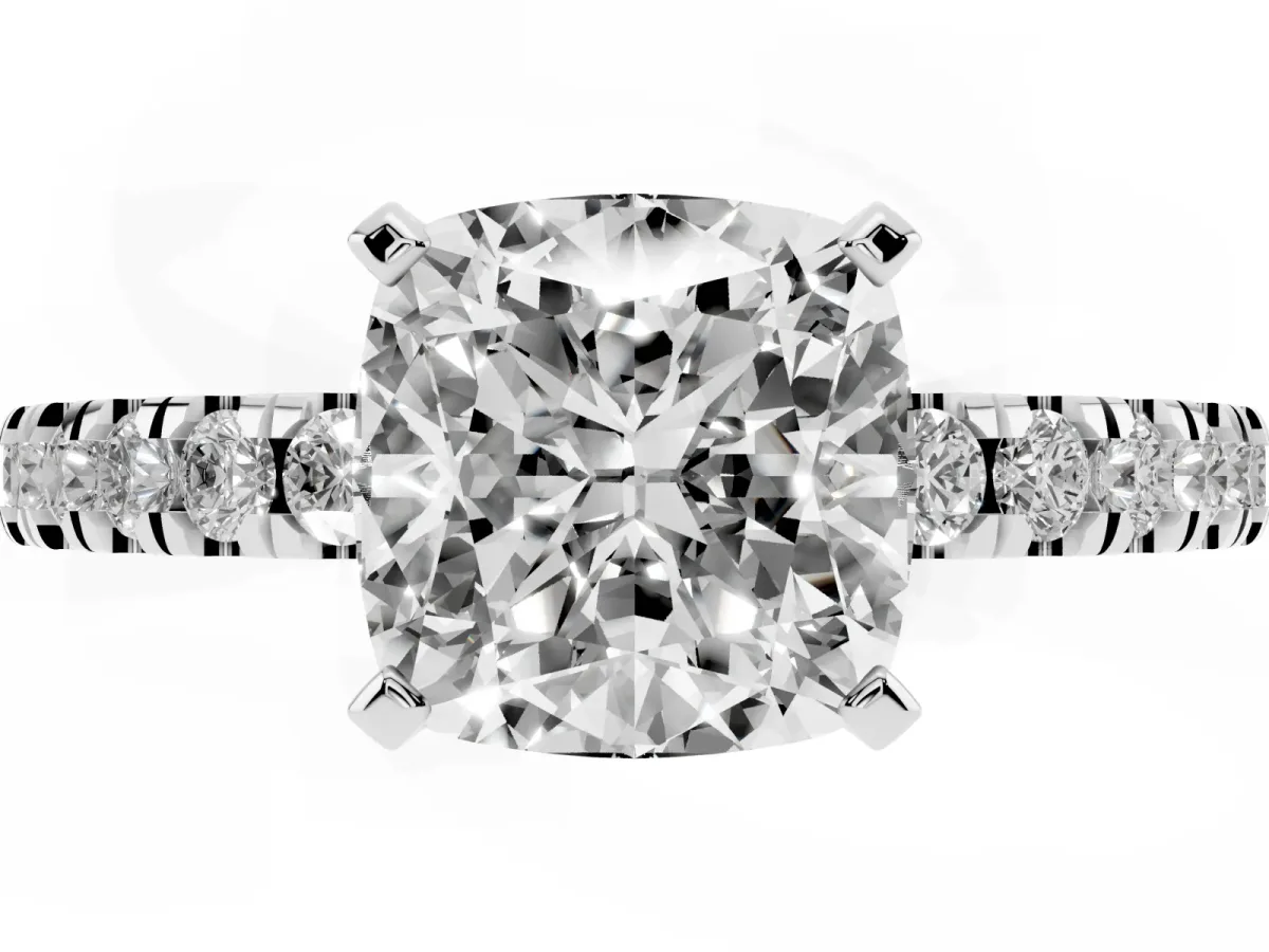 Cushion Cut Solitaire Diamond with Pavé Band and Four-Prong Setting Silver