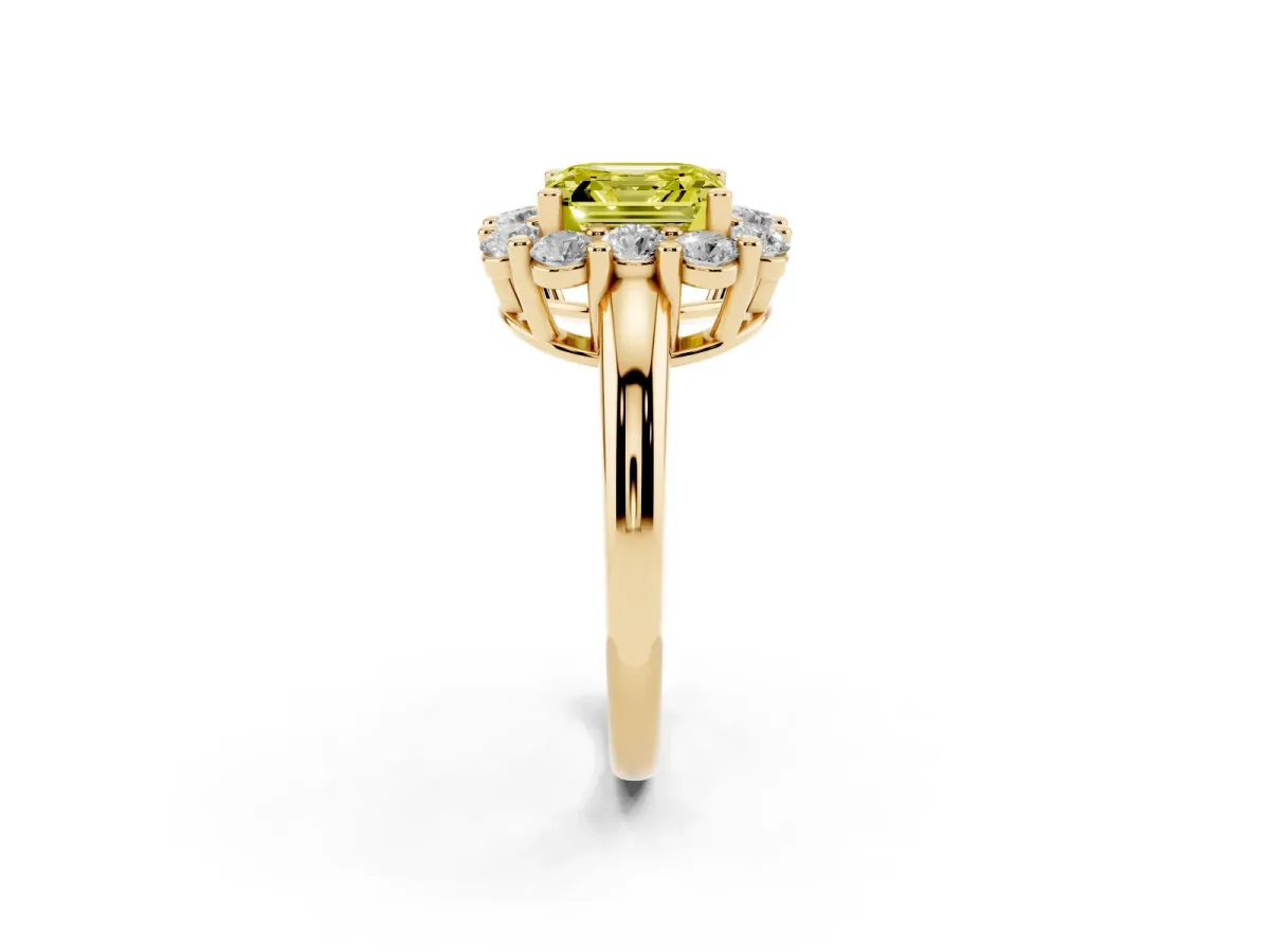 Fancy Yellow Asscher Cut Halo Cluster Diamond Engagement Ring with Prong Setting and Polished Band Yellow gold