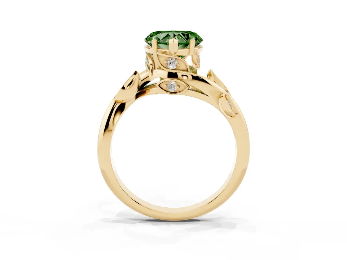 Fancy Green Heart Cut Solitaire Twist Engagement Ring with Leaf Accents and Prong Setting Yellow gold
