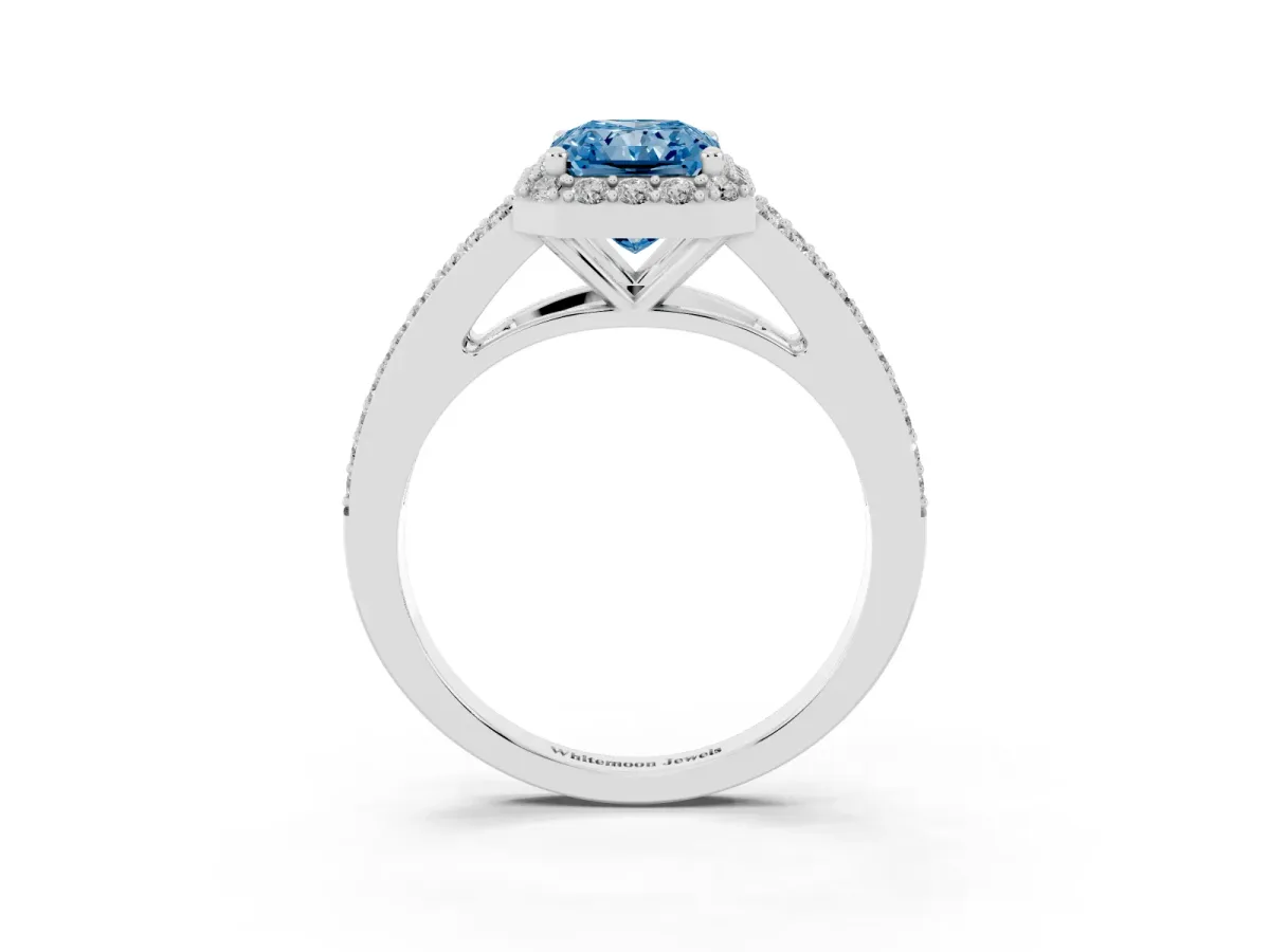 Fancy Blue Radiant Cut Halo Split Shank Pave Diamond Ring with Four-Prong Setting Silver