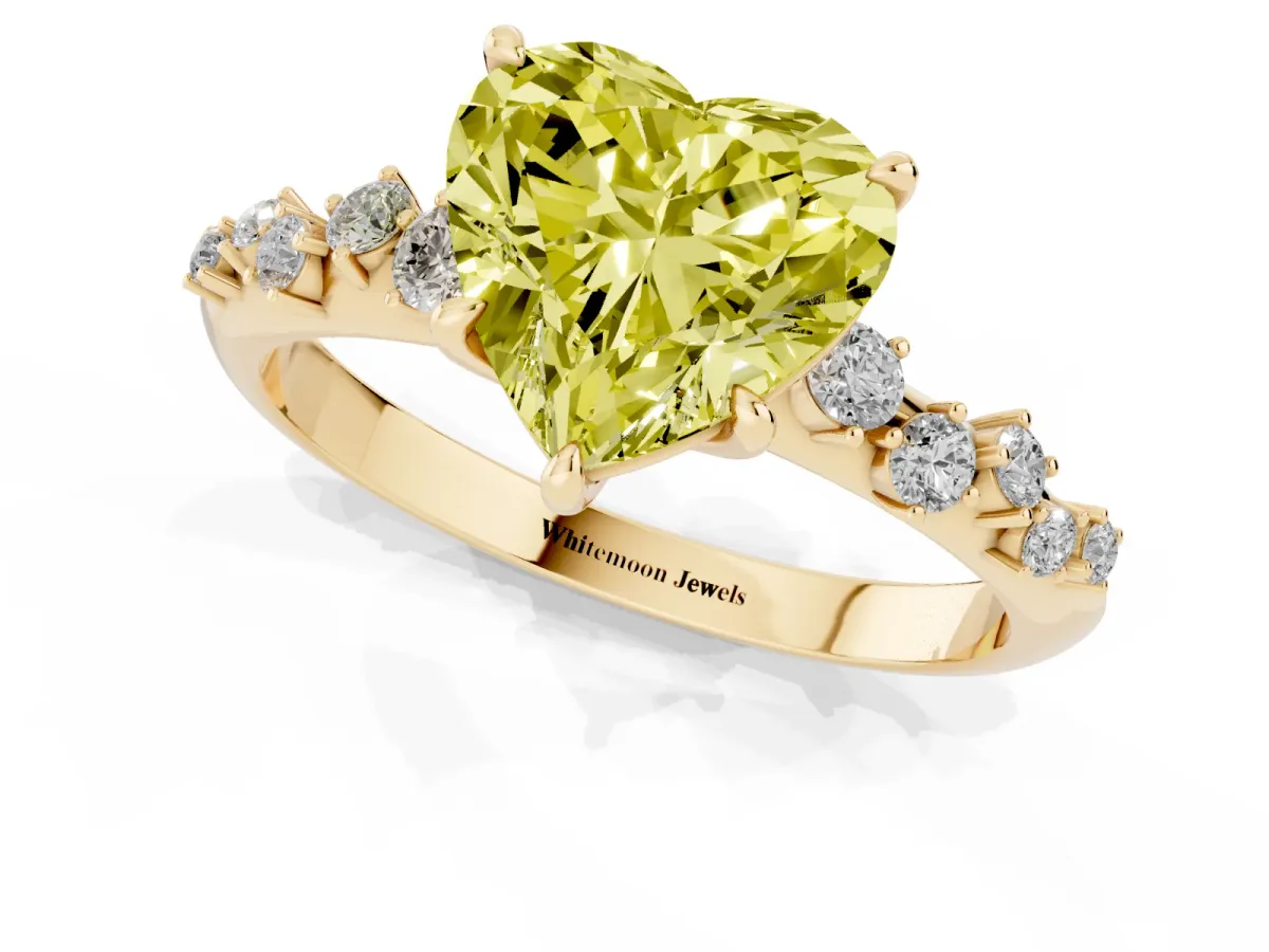 Fancy Yellow Heart Cut Diamond Cluster Side Stone Solitaire Ring with Prong Setting Yellow gold