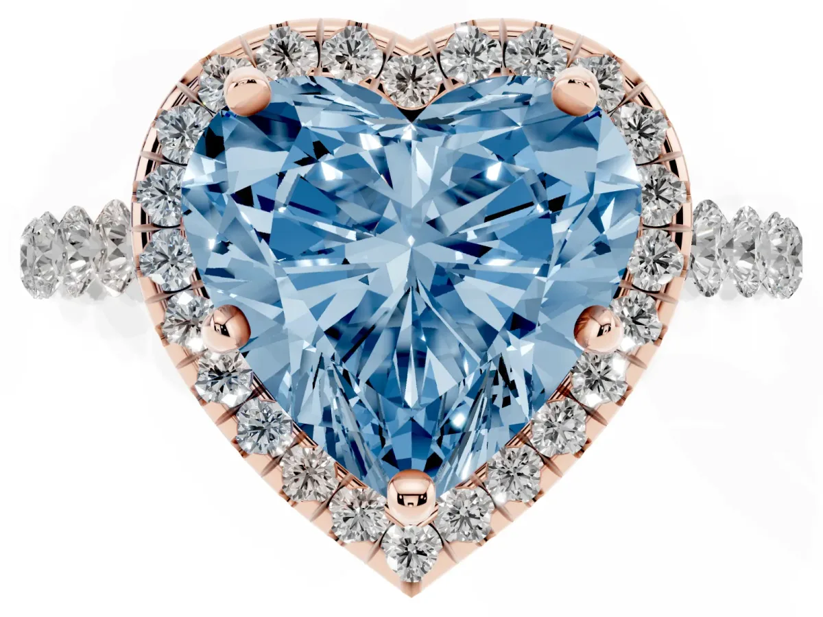 Fancy Blue Heart Cut Halo Pavé Diamond Engagement Ring with Four-Prong Setting Rose gold