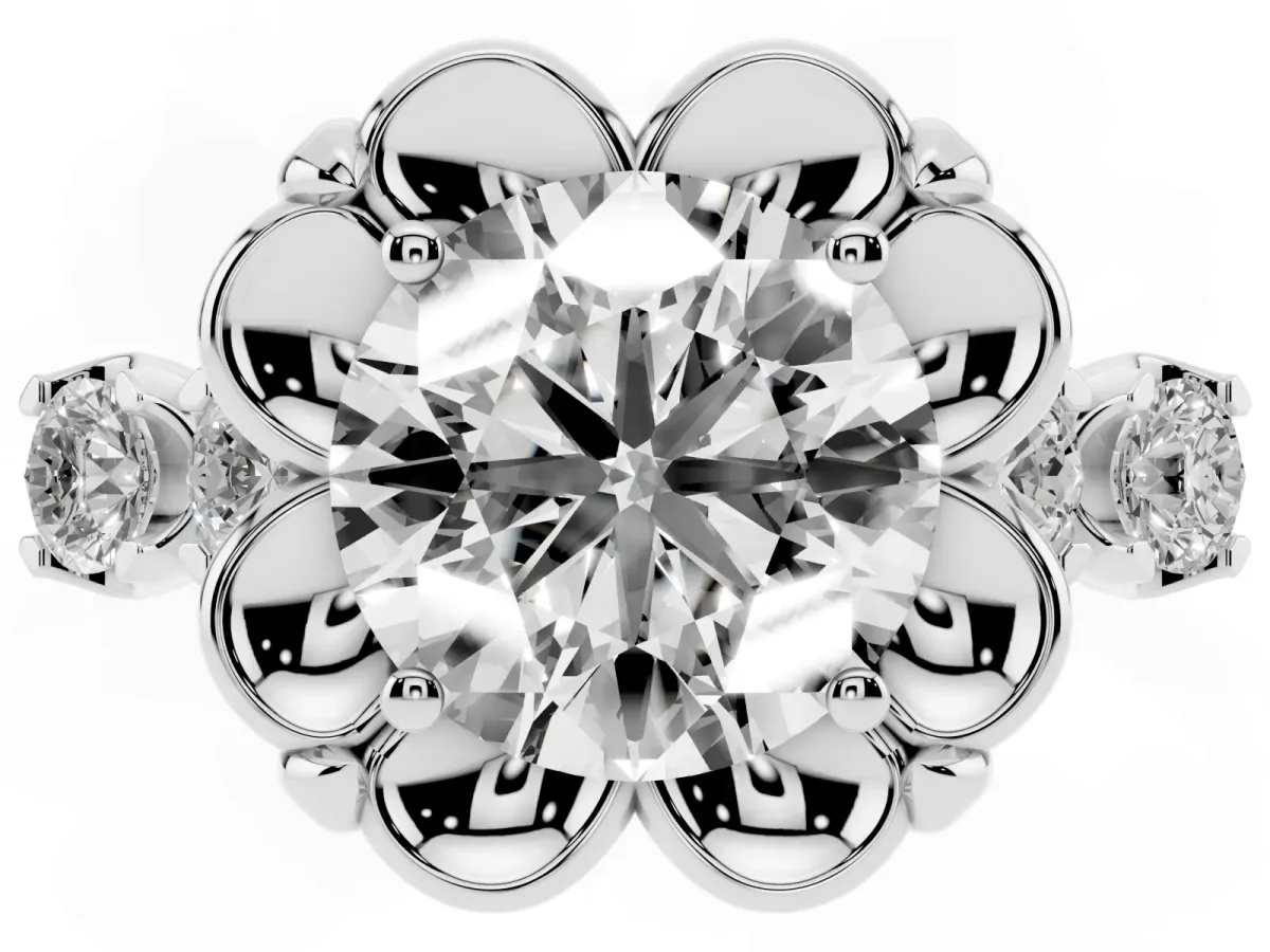 Round Cut Cut Diamond Floral Halo Engagement Ring with Shared Prong Setting Silver