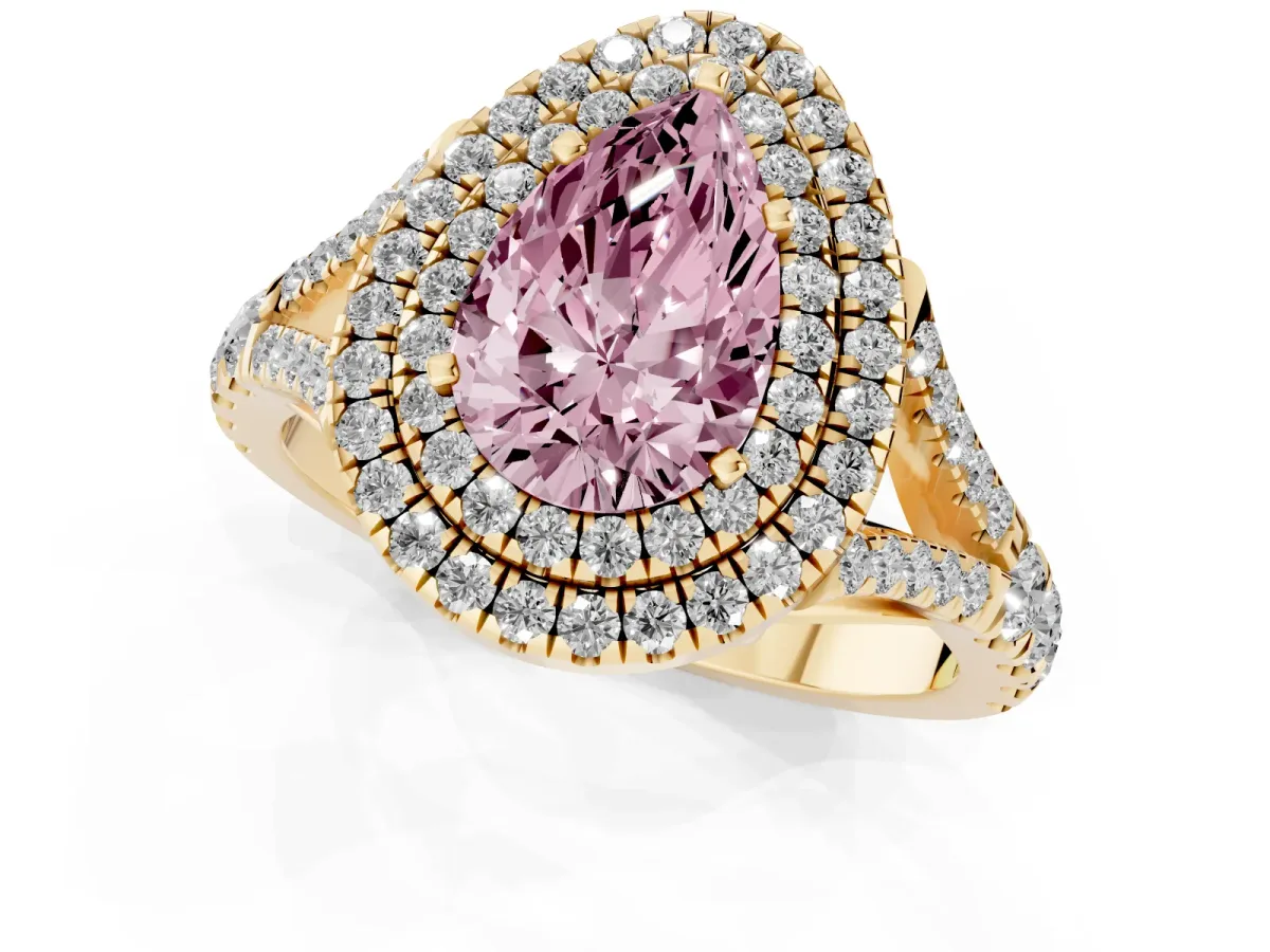 Fancy Pink Pear Cut Cut Double Halo Split Shank Diamond Ring with Prong Setting Yellow gold