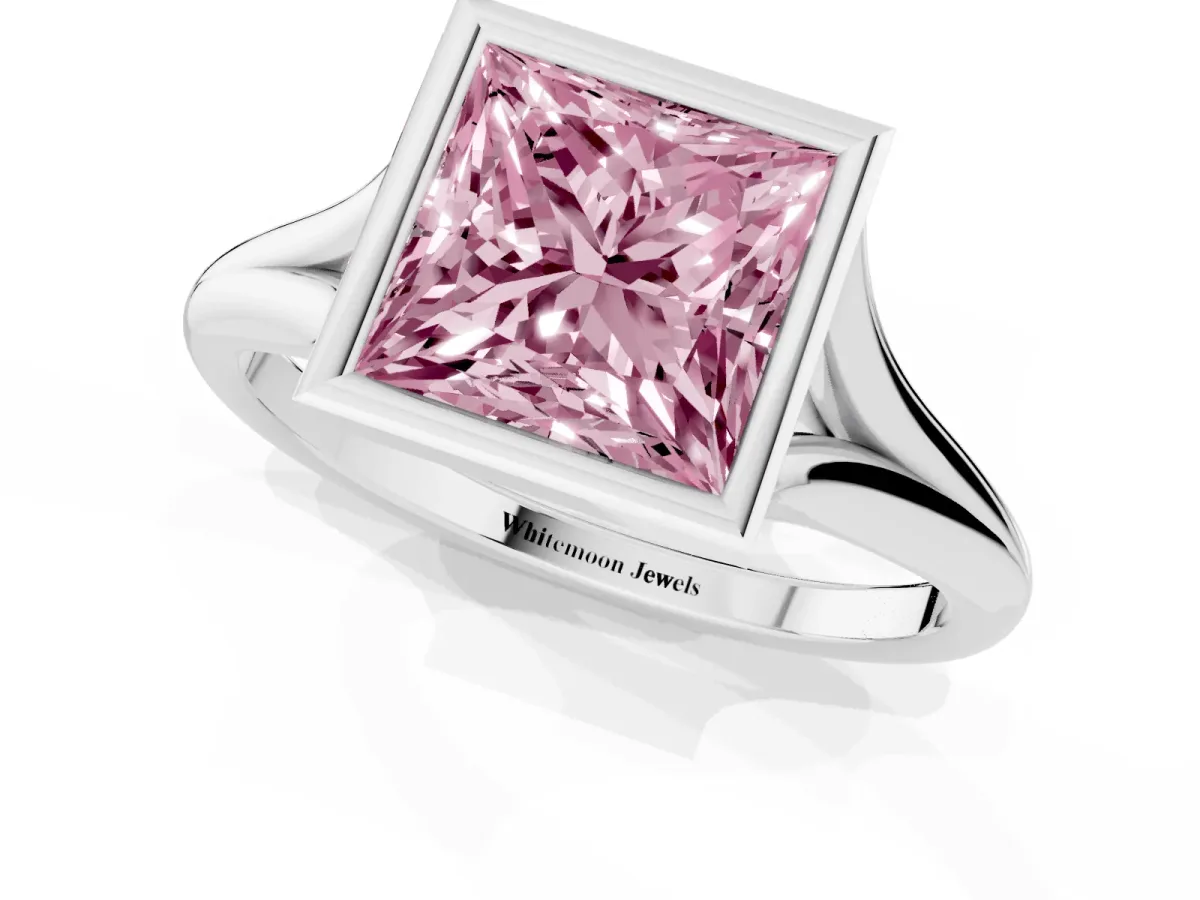 Fancy Pink Bezel Set Princess Cut Cut Solitaire Ring with Tapered Band Silver