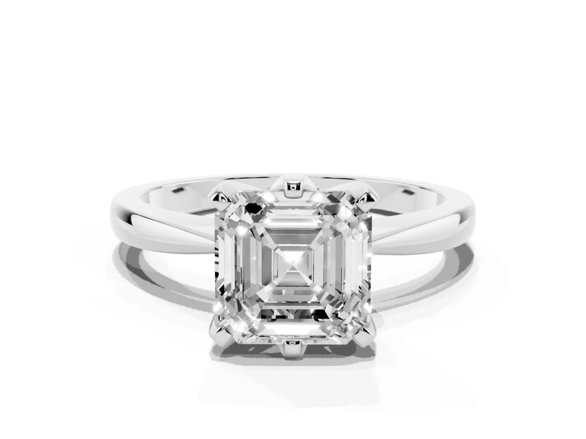 Asscher Cut Solitaire Engagement Ring with Six-Prong Setting and Tapered Band Platinum