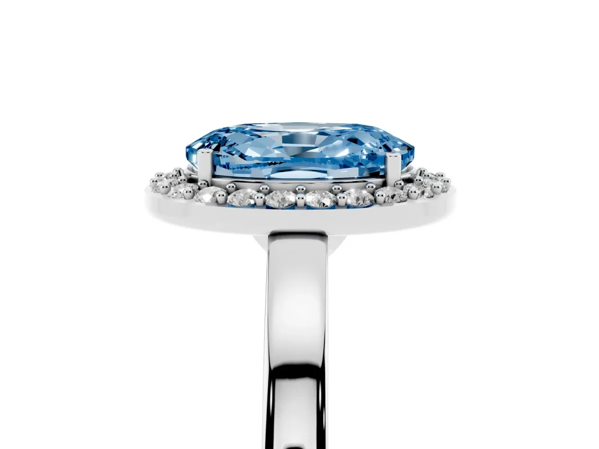 Fancy Blue Oval Cut Halo Diamond Ring with Solitaire Band and Prong Setting Platinum