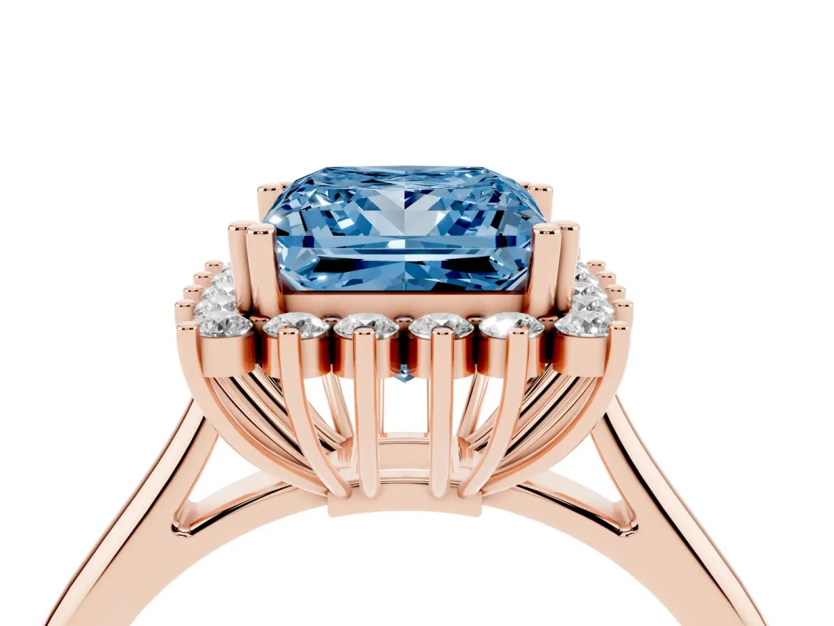 Fancy Blue Princess Cut Cut Diamond Halo Ring with Solitaire Band and Prong Setting Rose gold