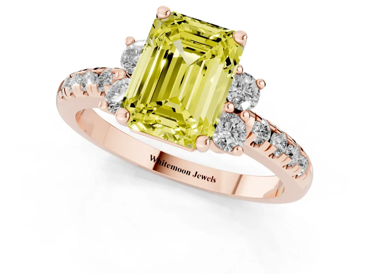 Fancy Yellow Emerald Cut Diamond Three-Stone Pave Band with Four-Prong Setting Rose gold