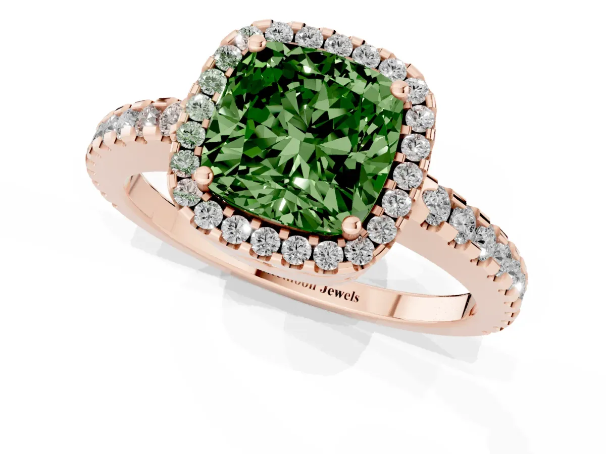 Fancy Green Cushion Cut Diamond Halo Engagement Ring with Pavé Band and Prong Setting Rose gold