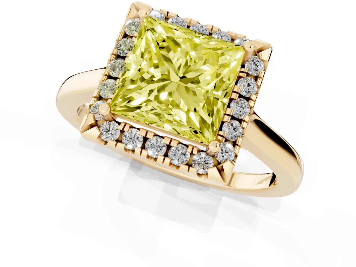 Fancy Yellow Princess Cut Halo Round Diamond Solitaire Ring with Pavé Band and Four-Prong Setting Yellow gold