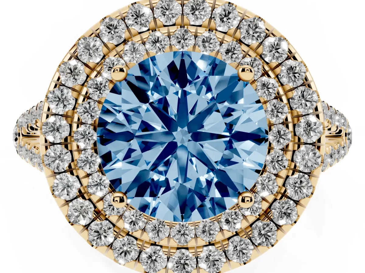 Fancy Blue Round Cut Diamond Double Halo Ring with Pavé Band and Prong Setting Yellow gold