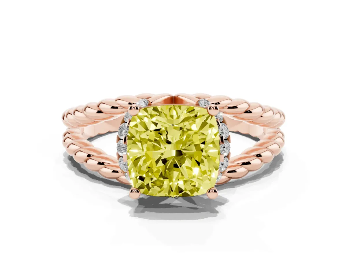 Fancy Yellow Cushion Cut Halo Twisted Band Four-Prong Ring Rose gold