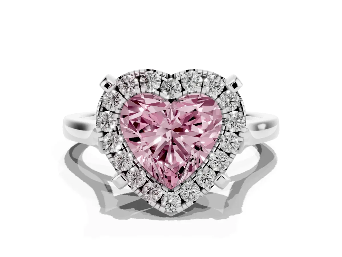 Fancy Pink Heart Cut Diamond Cluster Halo Solitaire with Four-Prong Setting Silver