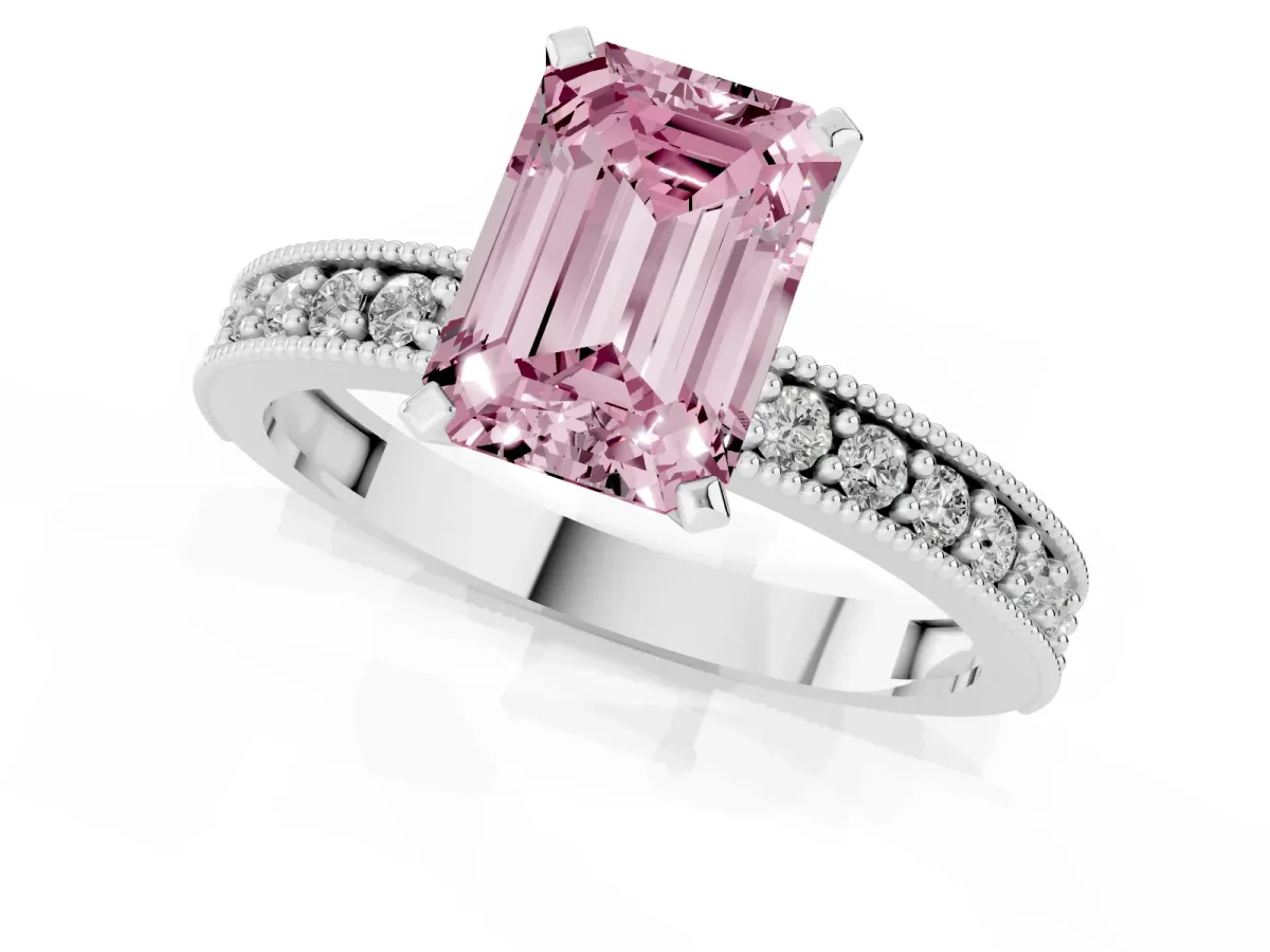 Fancy Pink Emerald Cut Diamond Milgrain Pavé Engagement Ring with Four-Prong Setting Silver