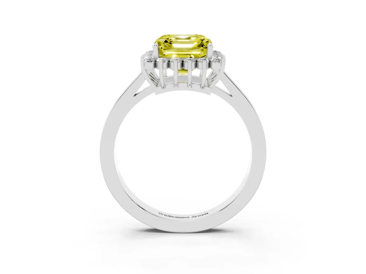 Fancy Yellow Asscher Cut Cut Diamond Halo Ring with Round Brilliant Halo and Solitaire Band Silver