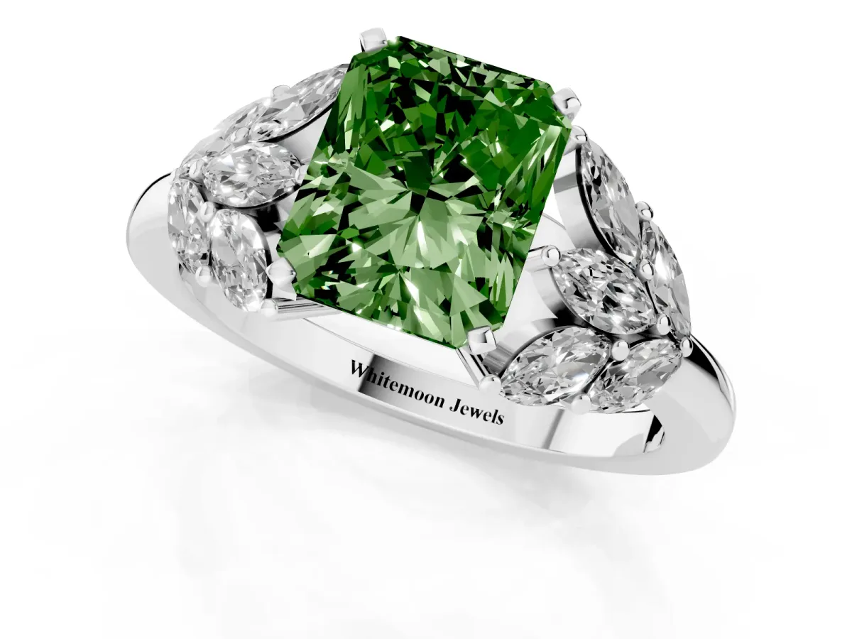 Fancy Green Radiant Cut Diamond Cluster Leaf Design Ring with Prong Setting White gold