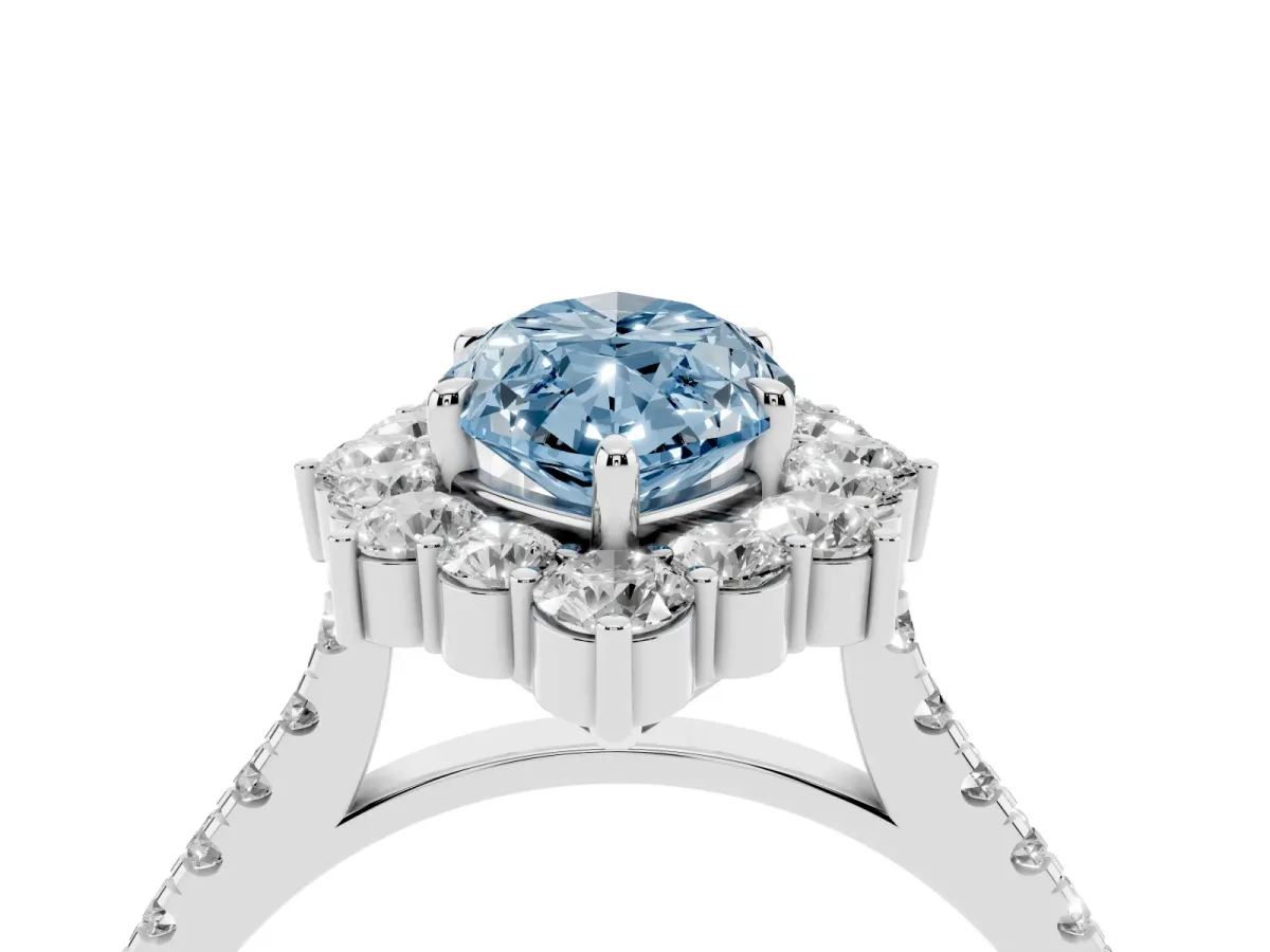 Fancy Blue Marquise Cut Halo Diamond Ring with Pavé Band and Prong Setting Platinum