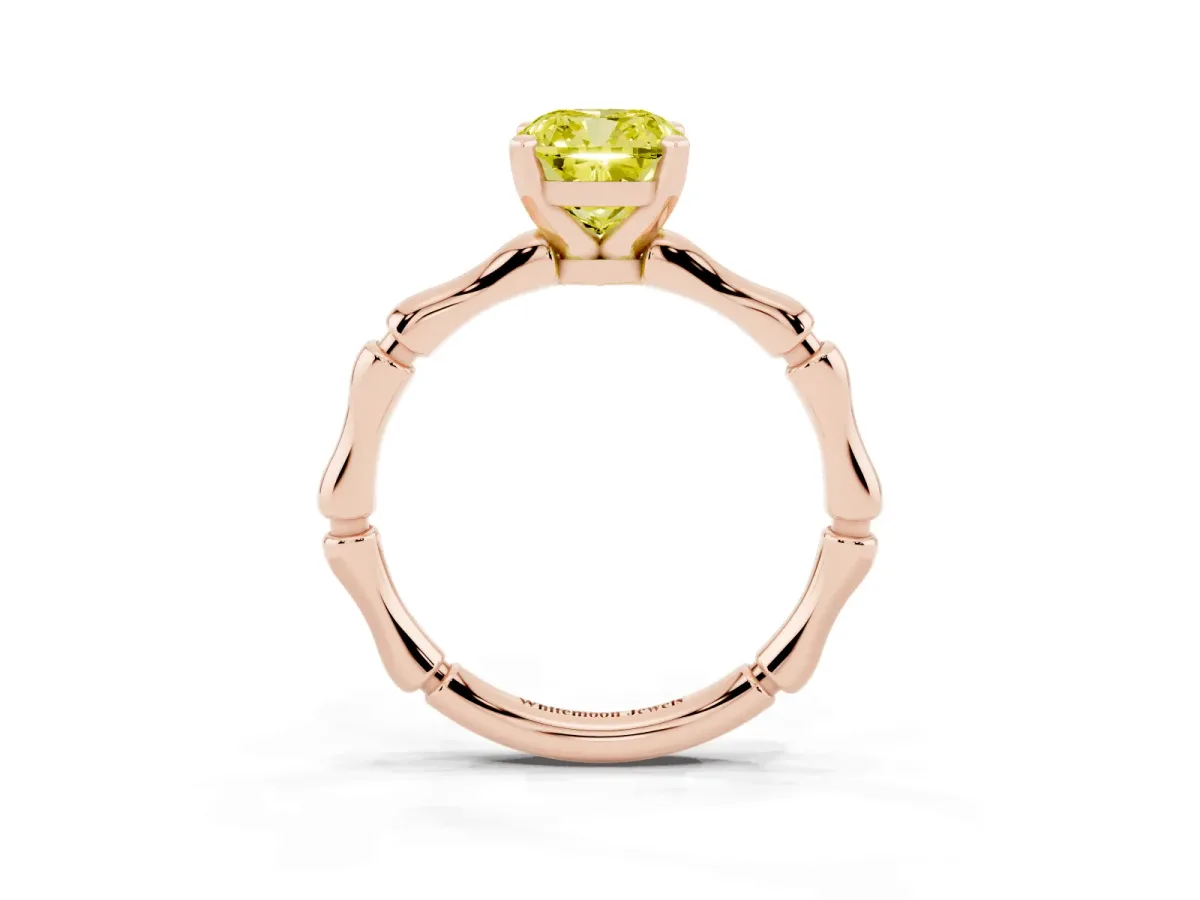 Fancy Yellow Cushion Cut Solitaire Diamond Ring with Bamboo Band and Four-Prong Setting Rose gold