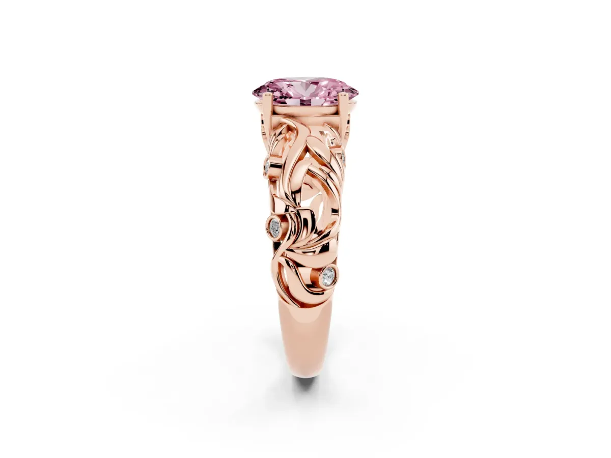 Fancy Pink Oval Cut Solitaire Diamond Leaf-Inspired Vine Band Ring with Prong Setting Rose gold