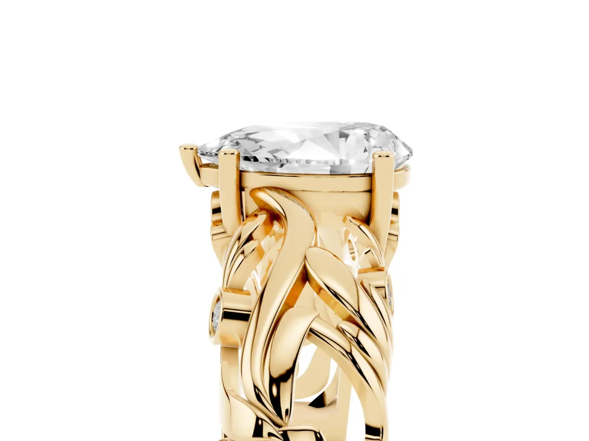 Pear Cut Solitaire Diamond Leaf-Inspired Vine Band Ring with Prong Setting Yellow gold