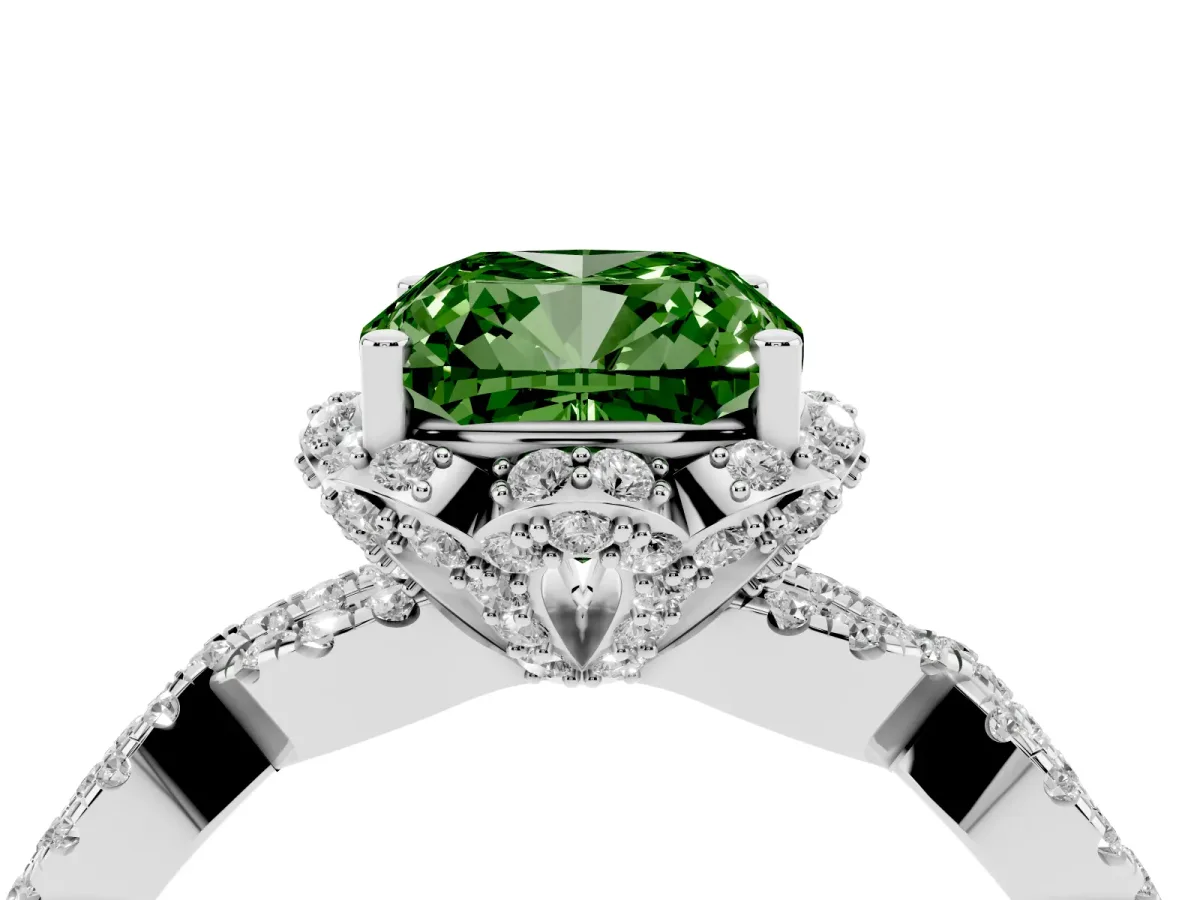 Fancy Green Cushion Cut Halo Twist Band Solitaire Ring with Six-Prong Setting Silver