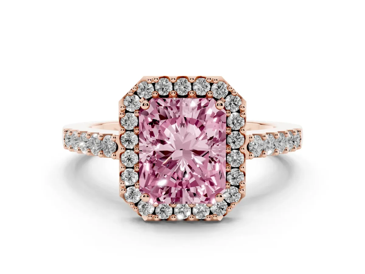 Fancy Pink Radiant Cut Halo Diamond Pavé Solitaire Ring Rose gold