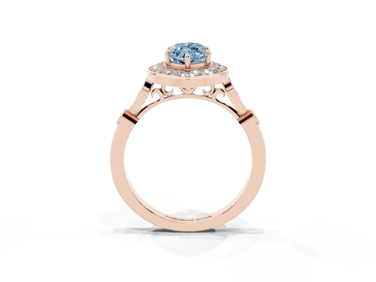 Fancy Blue Marquise Cut Halo Diamond Engagement Ring with Twisted Band and Four-Prong Setting Rose gold