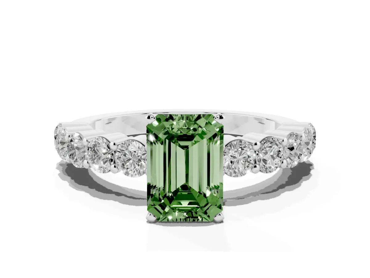 Fancy Green Emerald Cut Diamond Solitaire Ring with Shared Prong Round Side Stones Silver