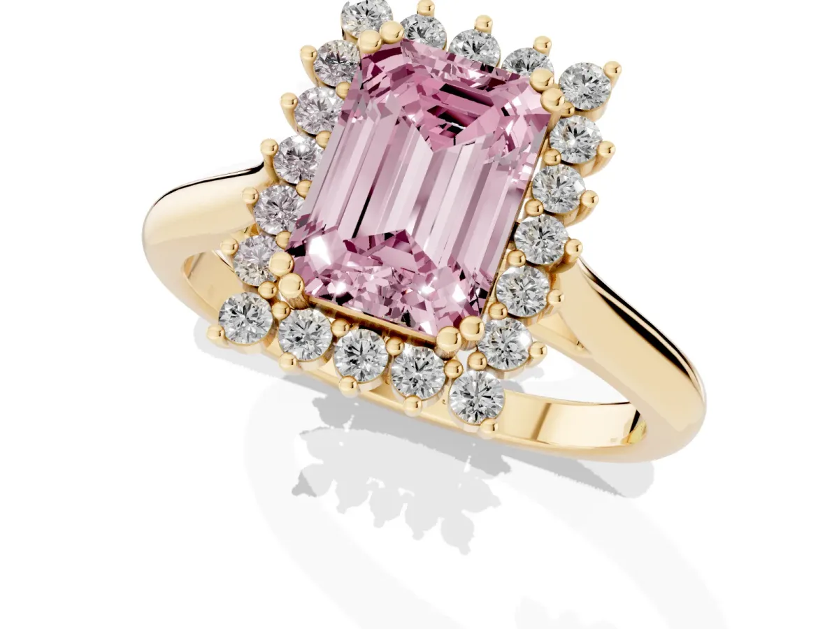 Fancy Pink Emerald Cut Cut Diamond Halo Ring with Solitaire Band and Prong Setting Yellow gold
