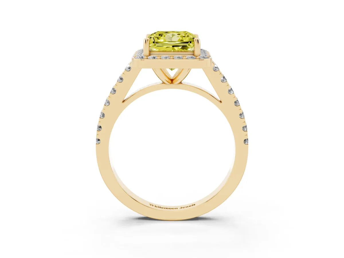 Fancy Yellow Princess Cut Diamond Halo Ring with Round Pavé Split Shank and Prong Setting Yellow gold