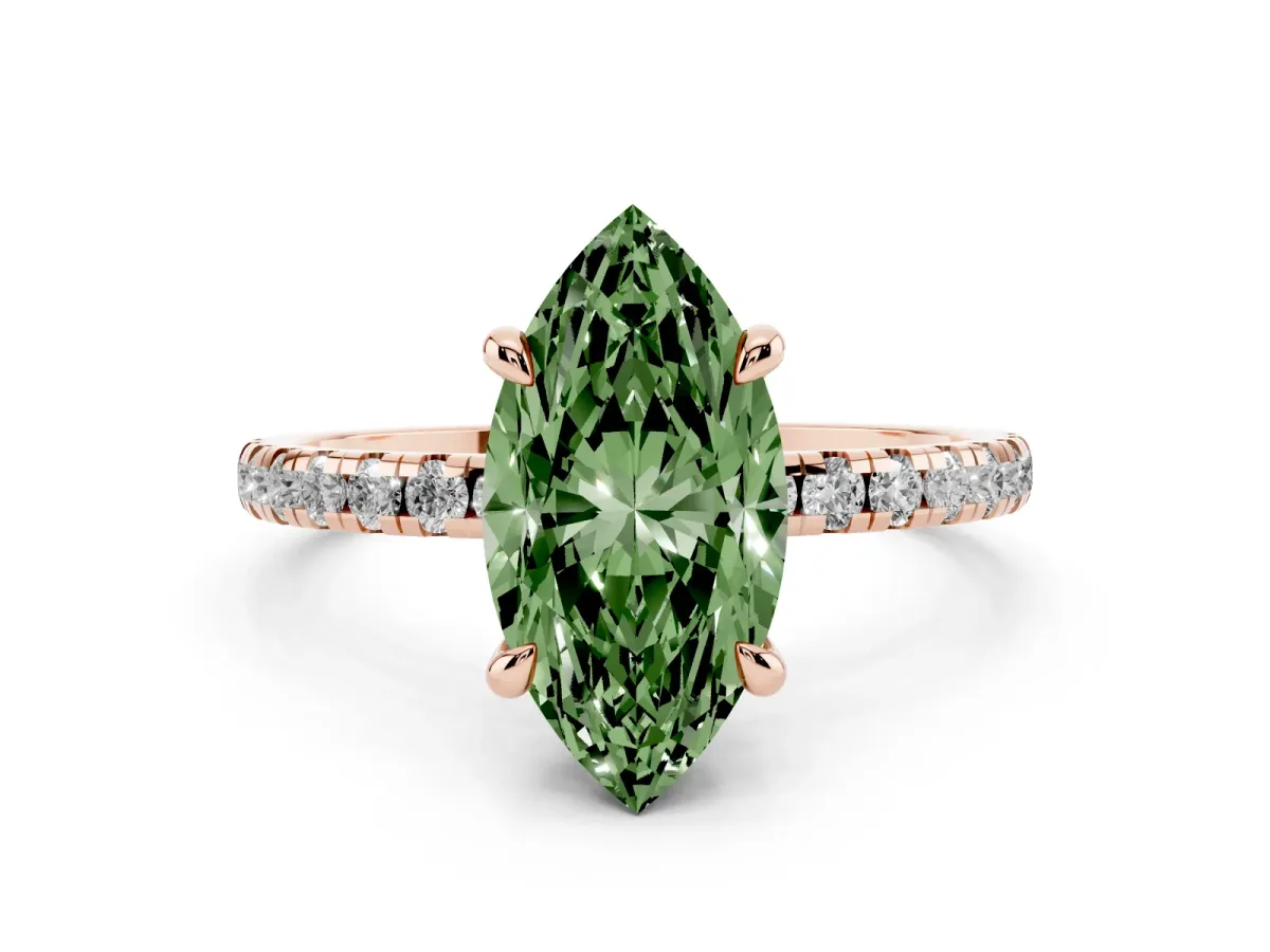 Fancy Green Marquise Cut Diamond Brilliant Solitaire Ring with Pavé Band and Four-Prong Setting Rose gold