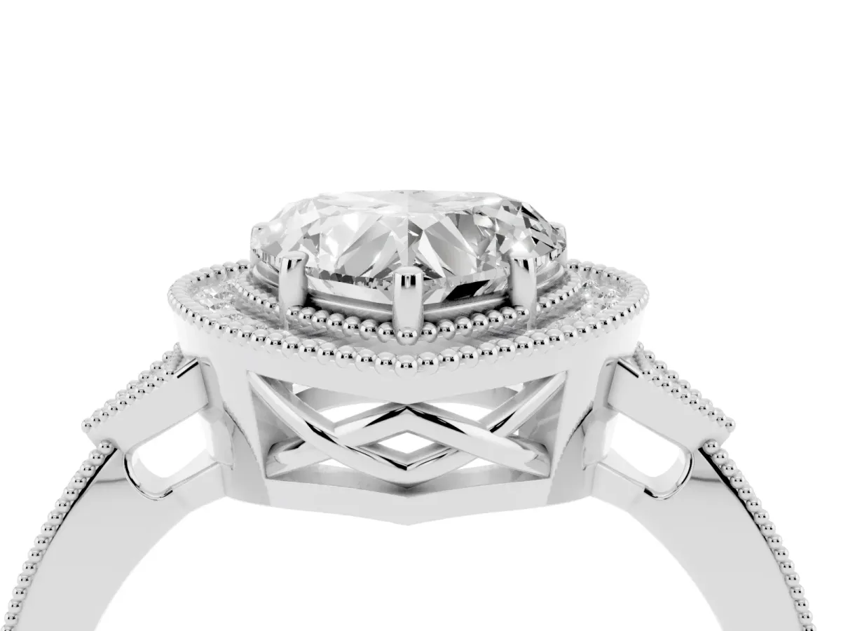 Heart Cut Halo Round Diamond Milgrain Pave Engagement Ring Silver