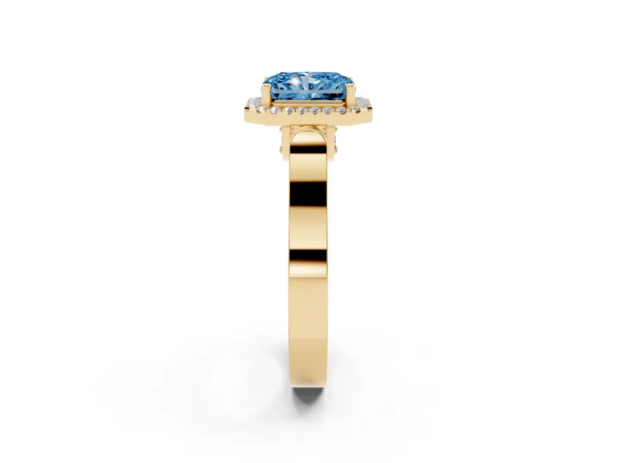 Fancy Blue Radiant Cut Halo Round Diamond Twist Band with Four-Prong Setting Yellow gold