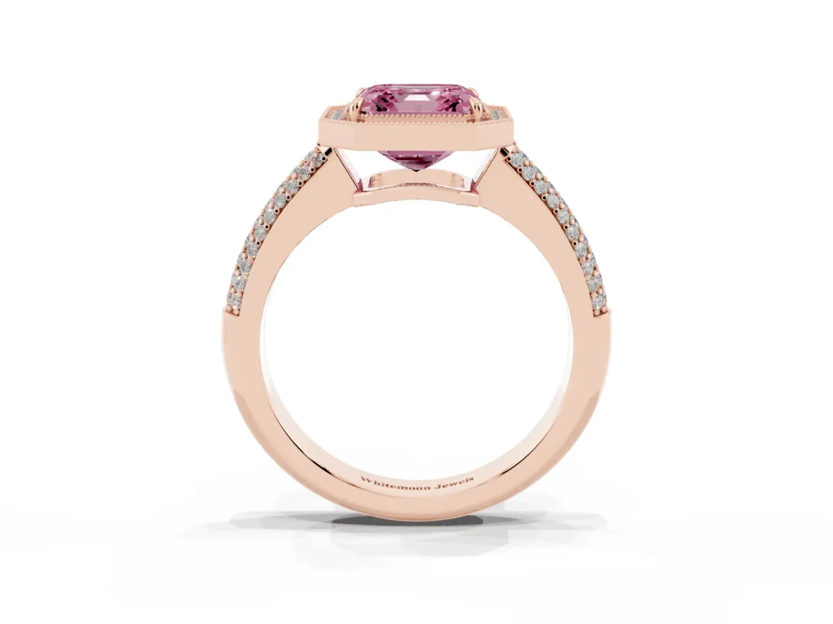 Fancy Pink Asscher Cut Cut Halo Diamond Pave Band with Four-Prong Setting Rose gold