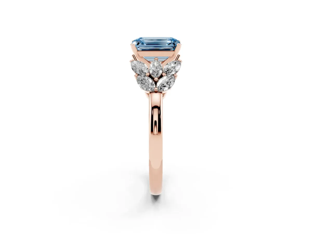 Fancy Blue Emerald Cut Diamond Cluster Leaf Design Ring with Prong Setting Rose gold