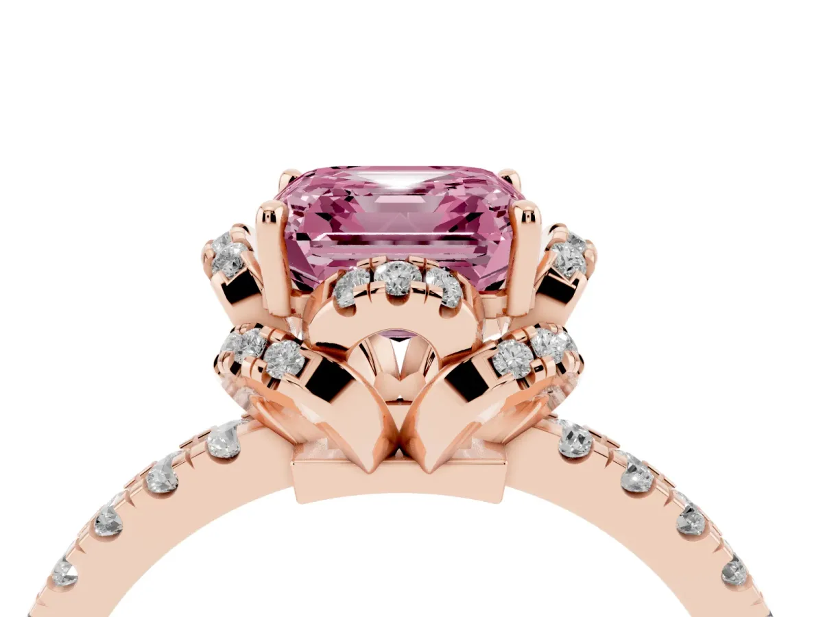 Fancy Pink Asscher Cut Diamond Halo Pave Band with Four-Prong Setting Rose gold