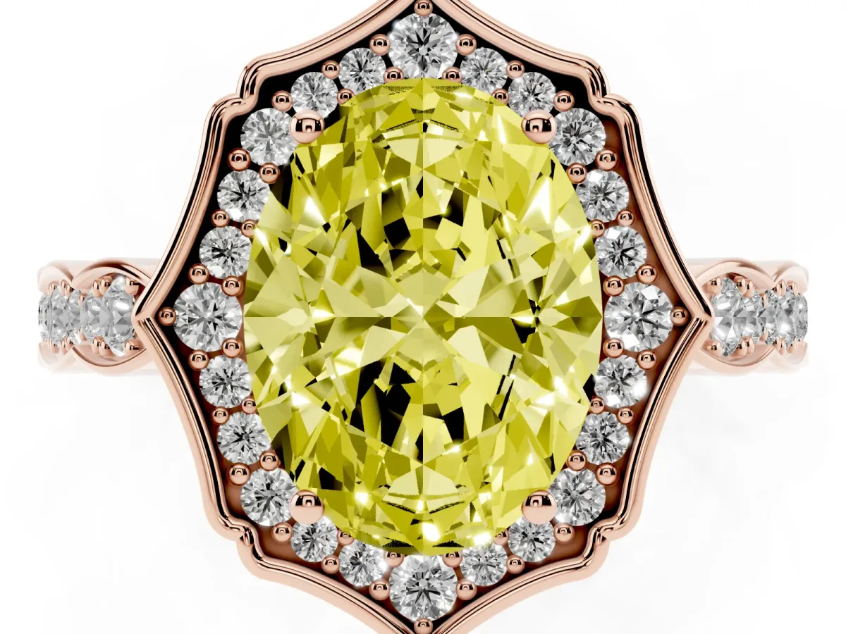 Fancy Yellow Oval Cut Halo Diamond Engagement Ring with Milgrain Band and Four-Prong Setting Rose gold