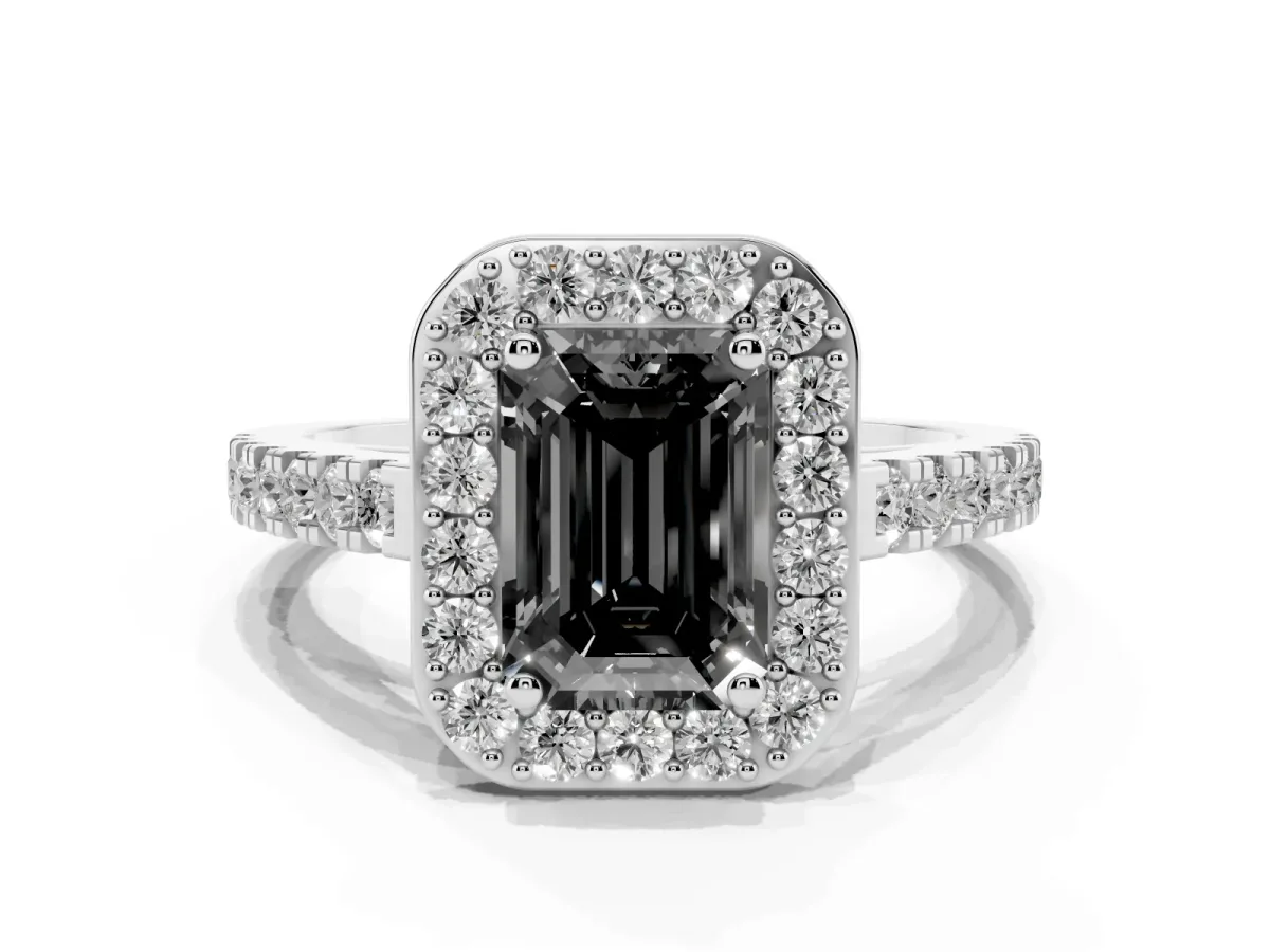 Fancy Black Emerald Cut Diamond Halo Ring with Round Pavé Split Shank and Prong Setting Platinum