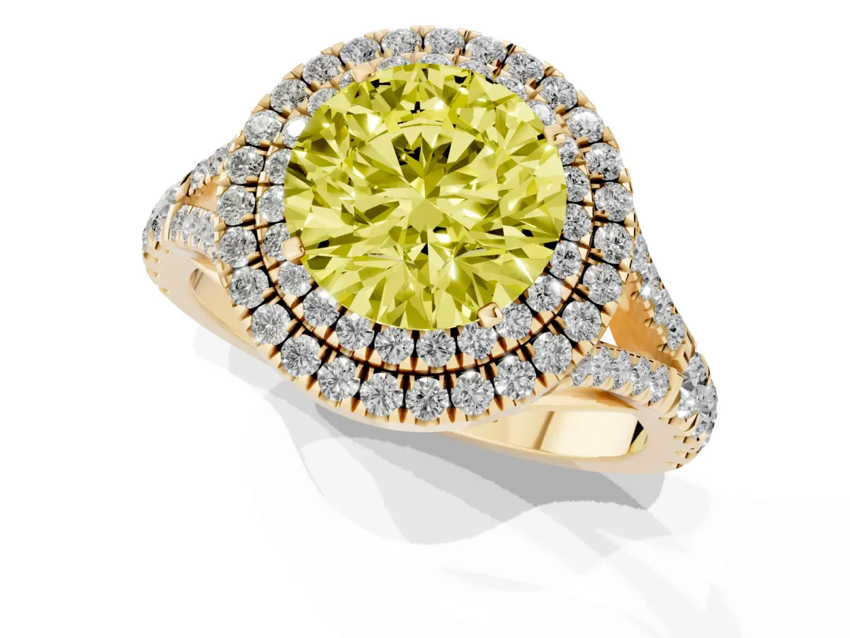 Fancy Yellow Double Halo Round Cut Diamond Split Shank Engagement Ring with Four-Prong Setting Yellow gold