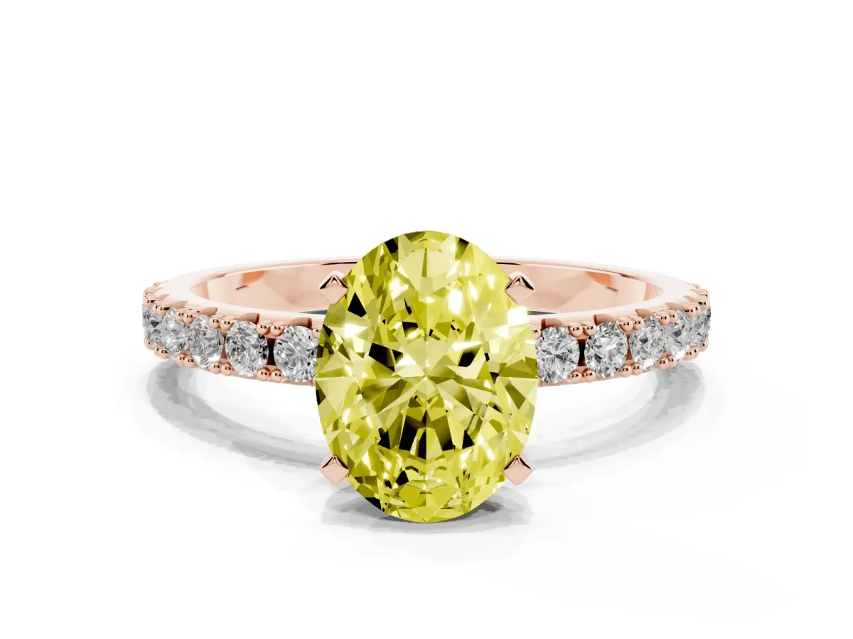 Fancy Yellow Oval Cut Diamond Solitaire Pavé Band with Four-Prong Setting Rose gold