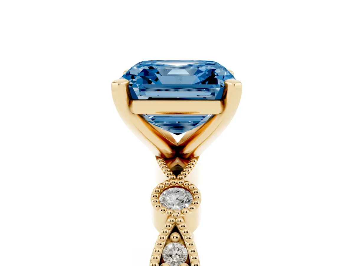 Fancy Blue Asscher Cut Milgrain Bezel Diamond Engagement Ring with Solitaire Prong Setting Yellow gold