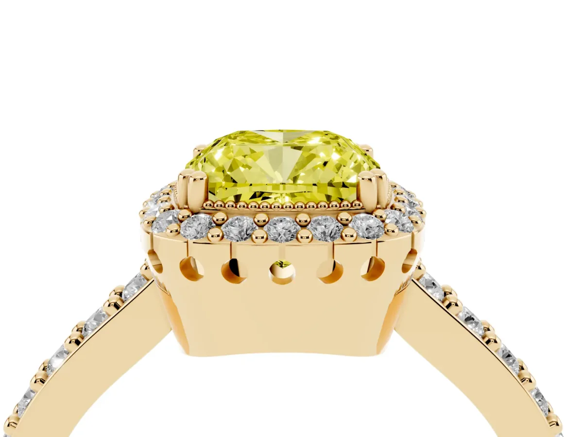 Fancy Yellow Cushion Cut Cut Diamond Halo Engagement Ring with Milgrain Detail and Pavé Band Yellow gold