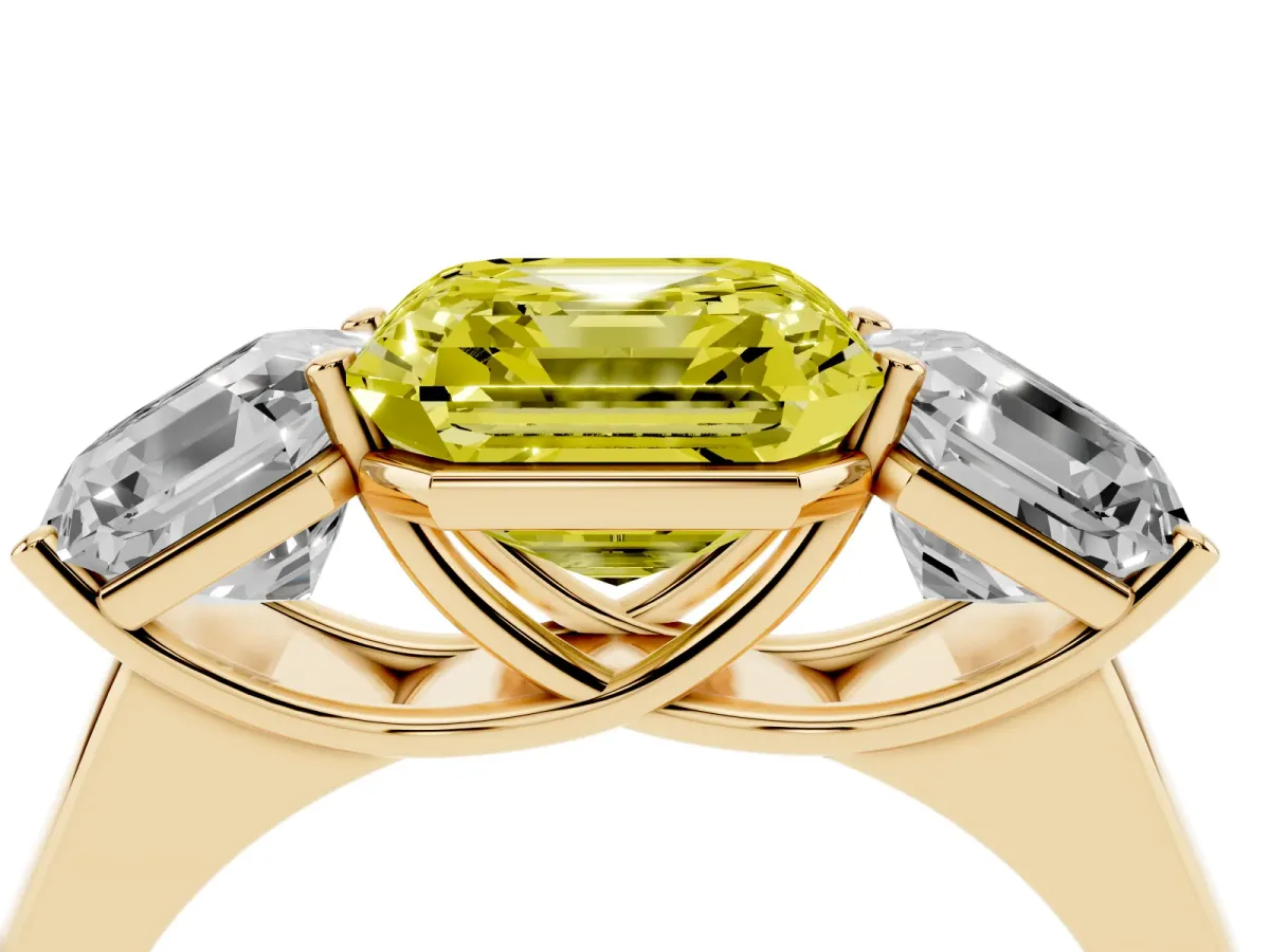 Fancy Yellow Asscher Cut Three-Stone Diamond Ring with Prong Setting on a Classic Band Yellow gold