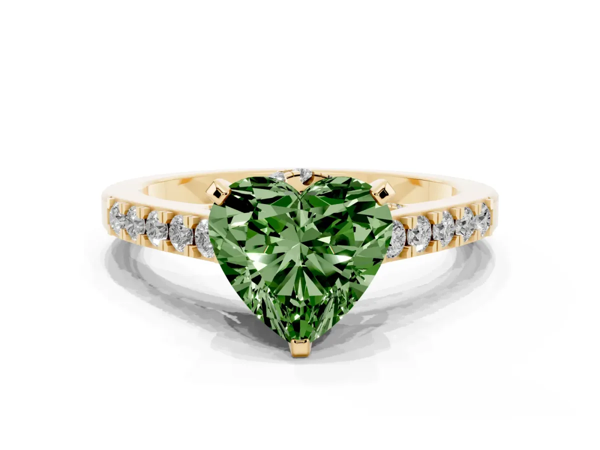 Fancy Green Heart Cut Diamond Solitaire Ring with Crossover Gallery and Round Pavé Band Yellow gold