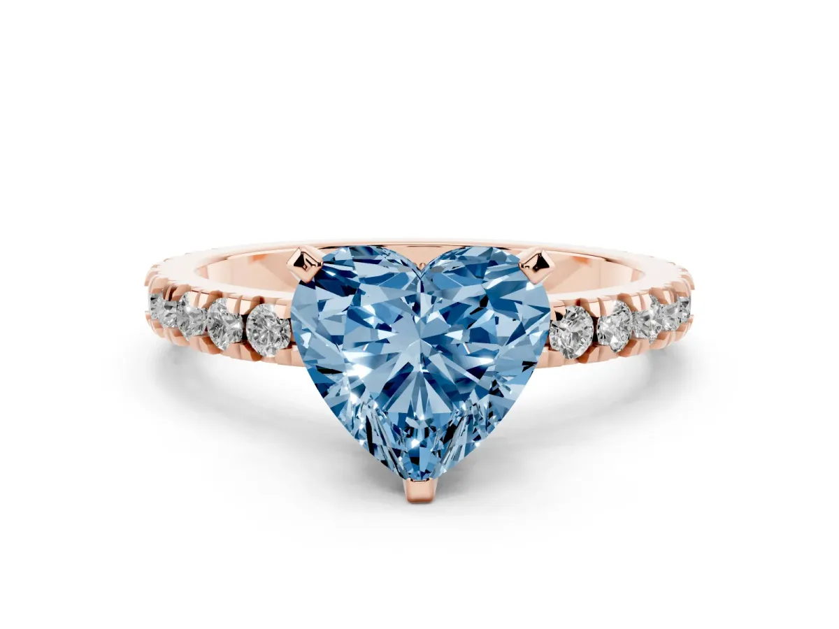 Fancy Blue Heart Cut Diamond Pavé Band Solitaire with Four-Prong Setting Rose gold