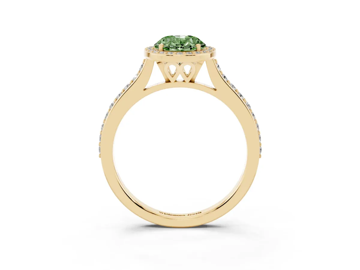 Fancy Green Oval Cut Diamond Halo Engagement Ring with Round Pavé Shoulders and Prong Setting Yellow gold