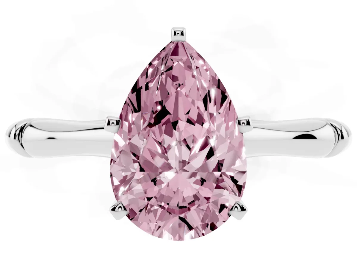 Fancy Pink Pear Cut Solitaire Diamond Ring with Bamboo Band and Four-Prong Setting Platinum