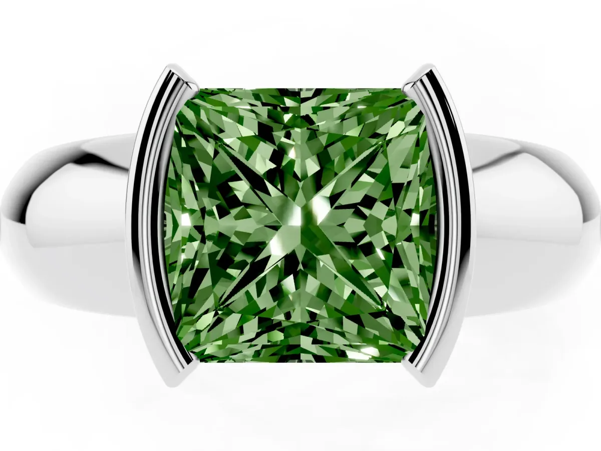 Fancy Green Princess Cut Solitaire Tension Set Diamond Ring with Wide Band Silver