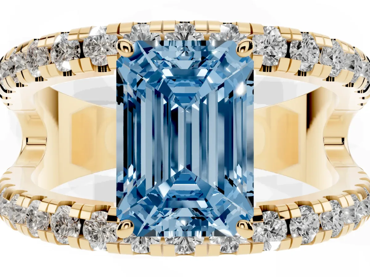 Fancy Blue Emerald Cut Solitaire Split Shank Pave Diamond Ring Yellow gold